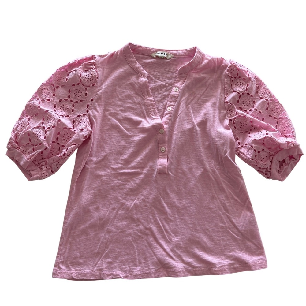 Boden Pink Eyelet Lace Puff Sleeve Henley Top Slub Jersey US 8